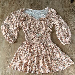Floral Smocked Waist Dress - Cream with Pink & Orange Blossoms